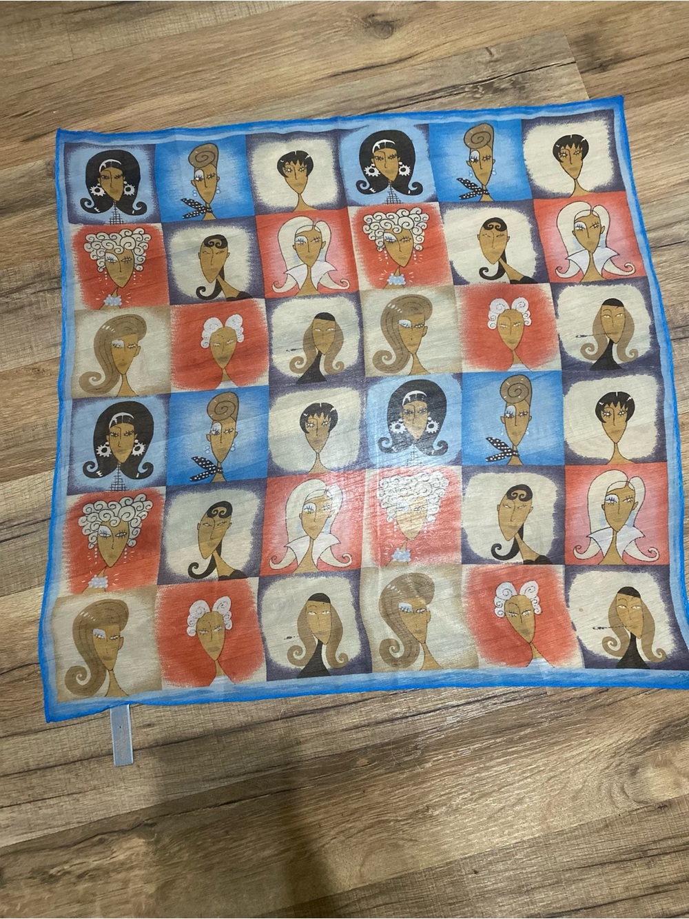 Vintage Faces Elaine gold 100% Silk Scarf in Blue, Red, Cream